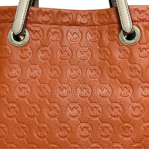 Michael Kors Tote Bag Vintage Monogram Embossed Leather Tote Shoulder Bag Orange - Picture 5 of 12